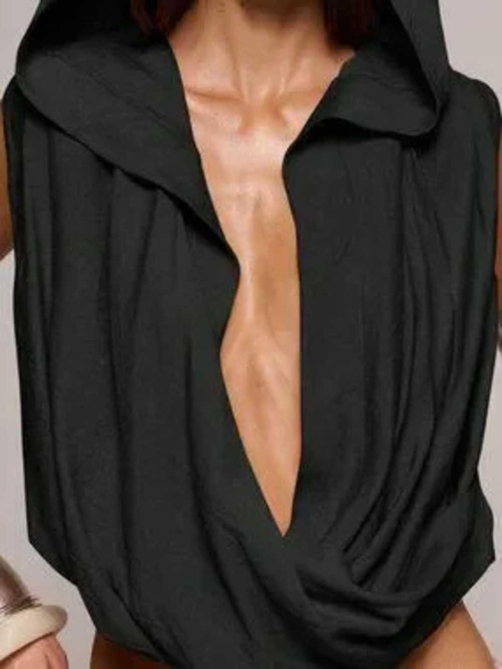 Black Sexy Women's Textured Cowl Plunge Hooded Top Night Out